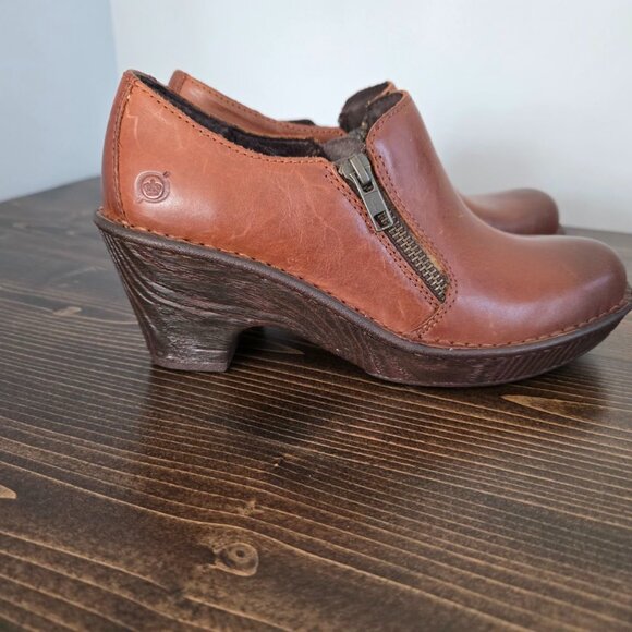 Born Elliott Tan/Brown Leather Double Zip Plain Toe Clog Sz.6.5 Comfort - Picture 5 of 15